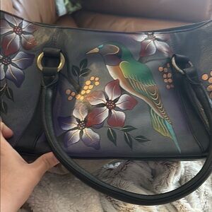 Anuschka Black and Green Shoulder Bag with Artistic Bird Design